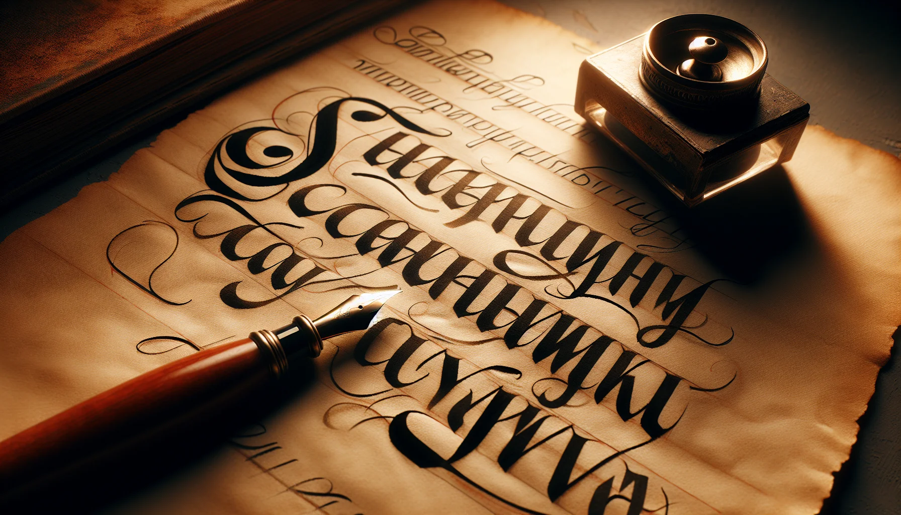 Lettres cyrilliques calligraphiées sur papier ancien avec plume