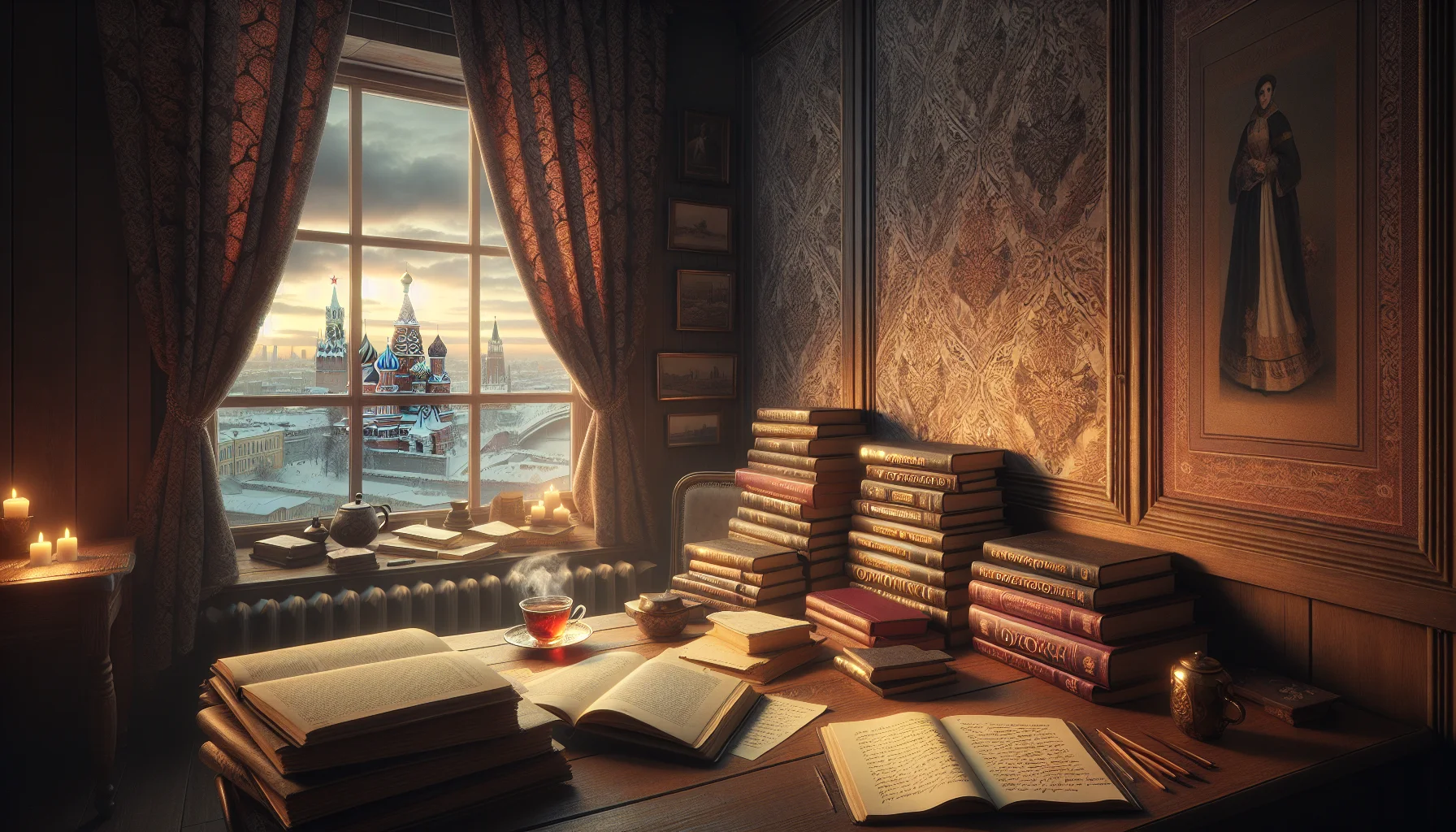 Cahier d'apprentissage du russe avec alphabet cyrillique et vue sur Moscou