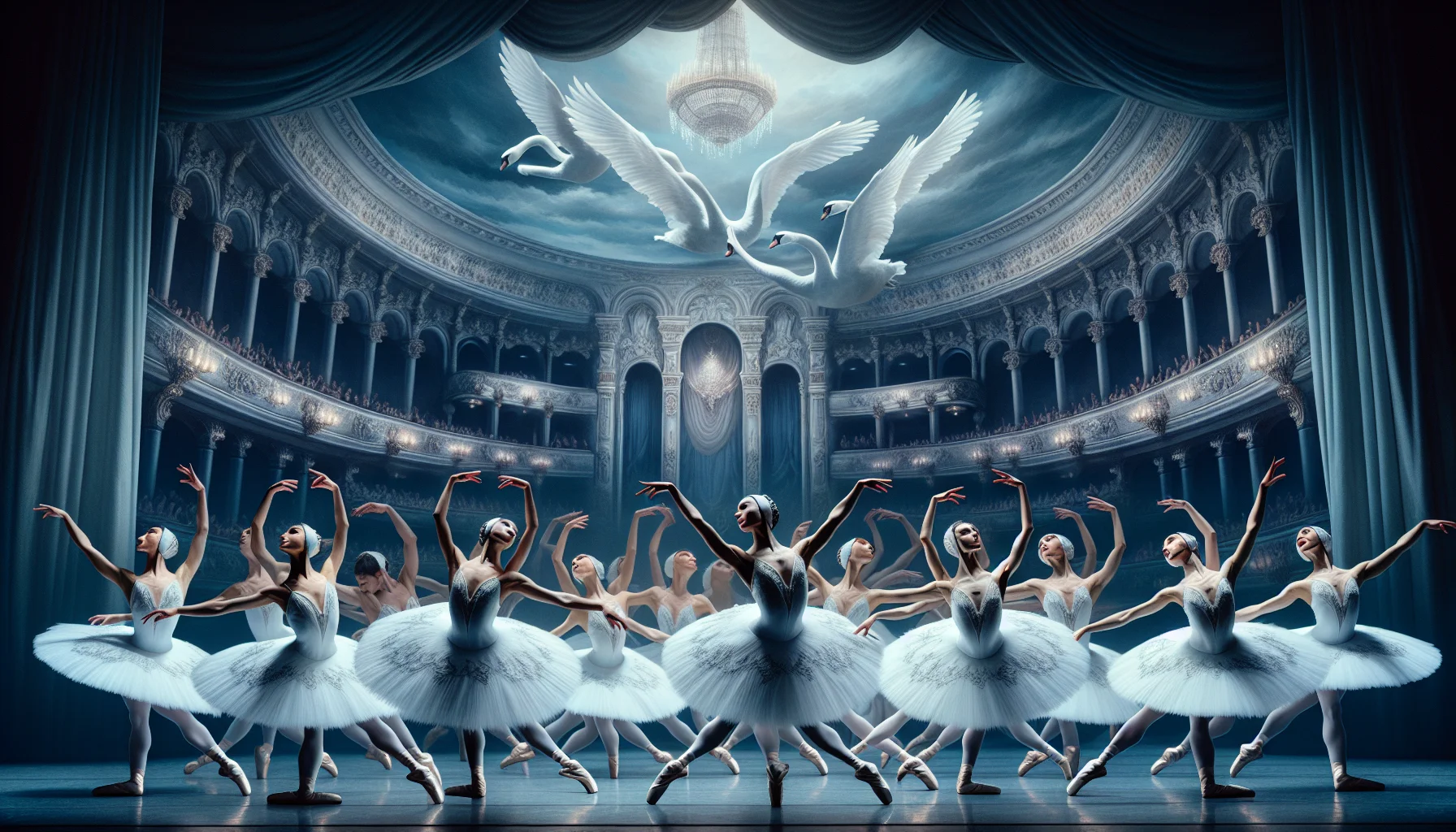 Danseuses de ballet russe interprétant le Lac des cygnes sous un éclairage dramatique