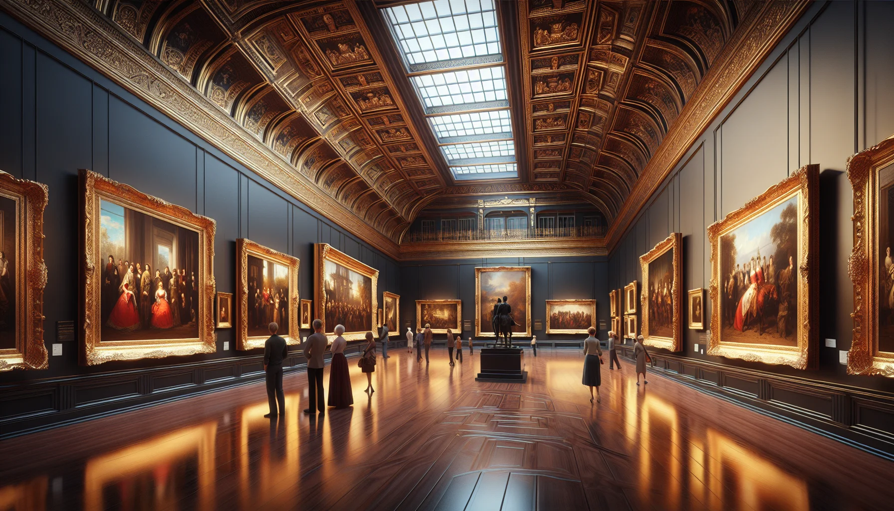 Visiteurs admirant des peintures classiques russes dans une galerie aux cadres dorés