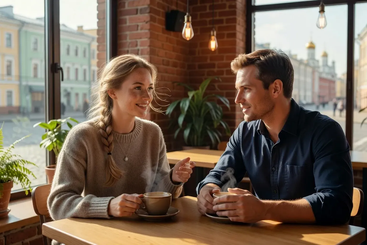 Homme occidental et femme russe en premiere rencontre dans un cafe moscovite, ambiance chaleureuse