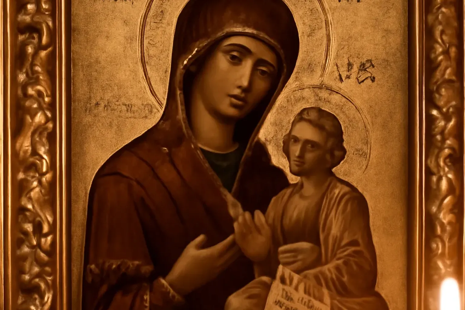 Icone religieuse orthodoxe avec inscriptions en slavon, alphabet cyrillique ancien