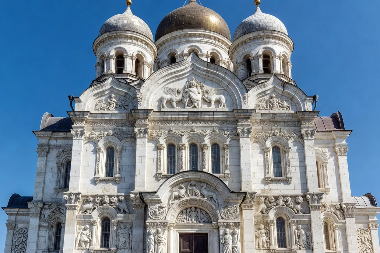 Cathédrale de la Dormition de Vladimir en pierre blanche, avec ses coupoles dorées sous un ciel d'été