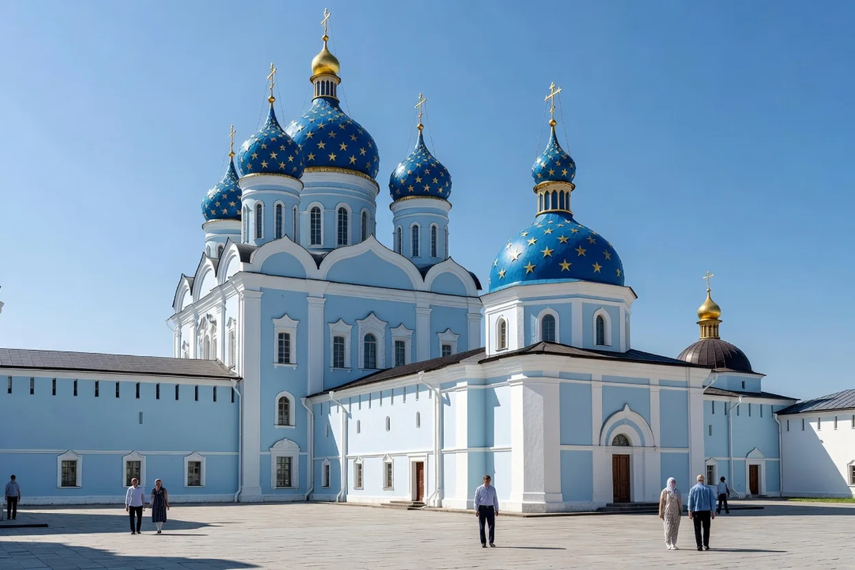 Ruelle bordée de maisons de bois menant aux coupoles bleues du kremlin de Souzdal