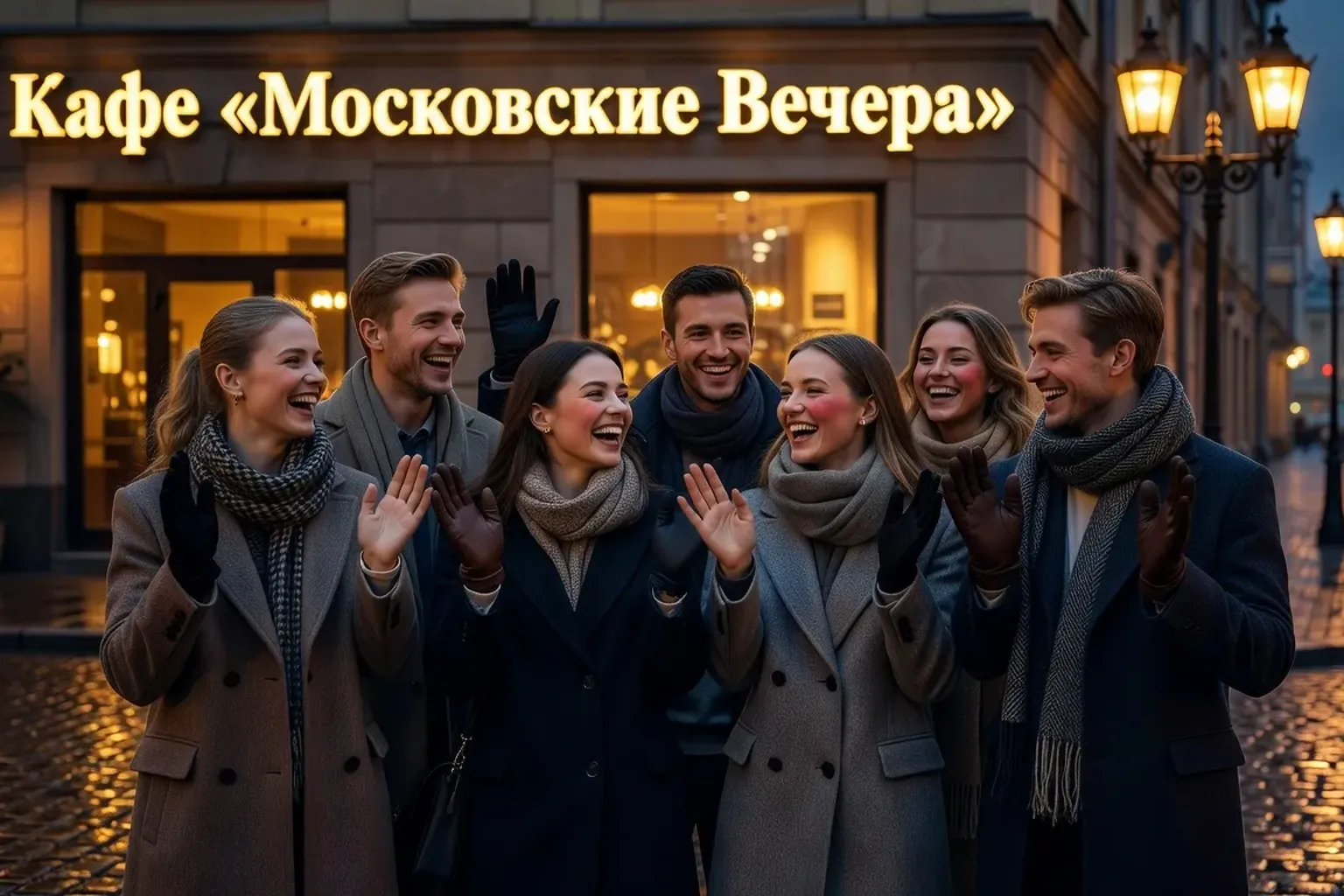 Jeunes amis russes qui se saluent en sortant d un cafe le soir