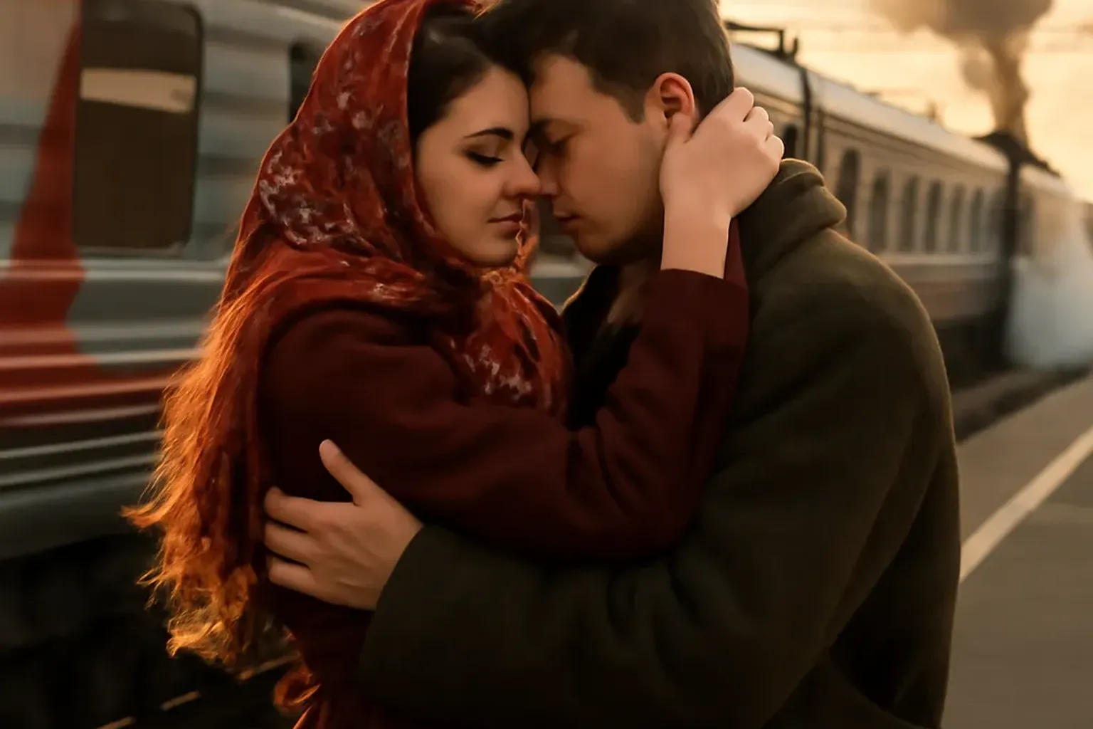 Couple qui se dit au revoir devant un train Transsiberien