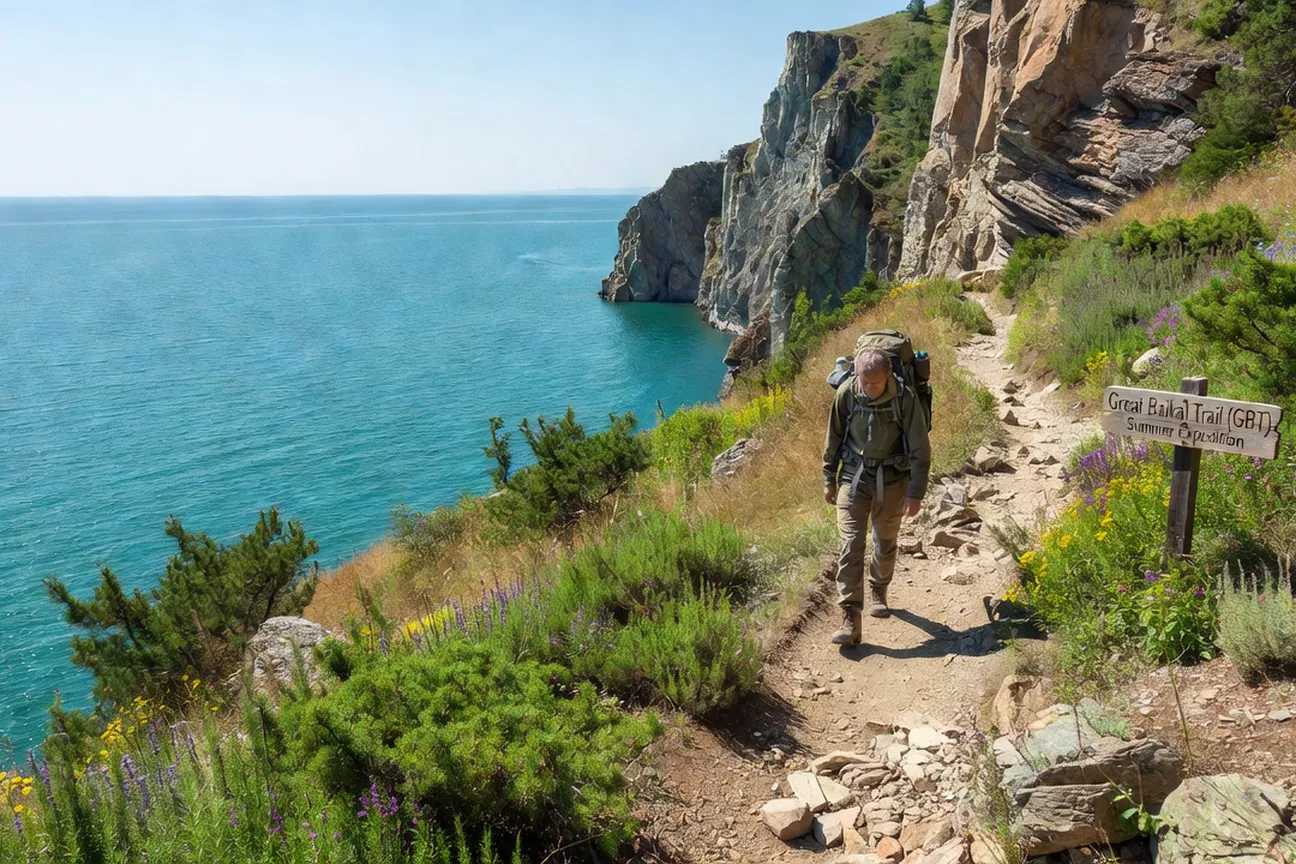 Sentier du Grand Baïkal côte rocheuse, randonneur, lac turquoise