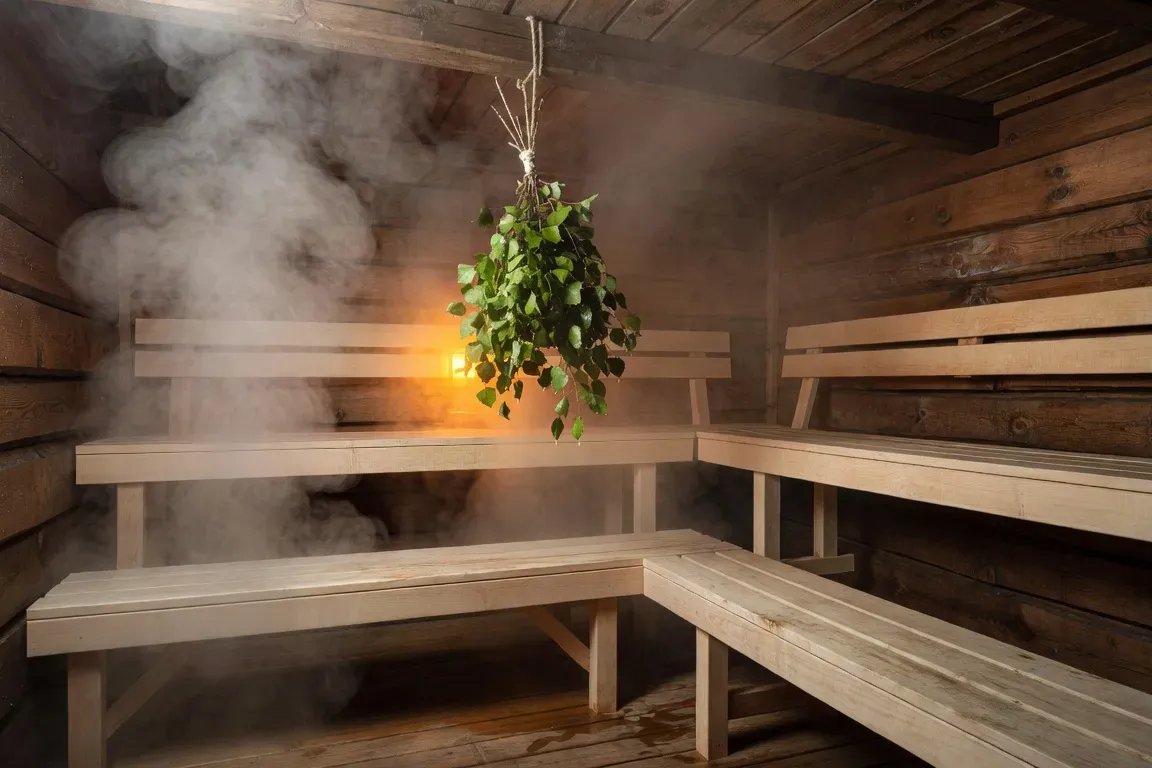 Intérieur d'une banya russe traditionnelle en bois, bancs de vapeur, lumière ambrée, venik de bouleau