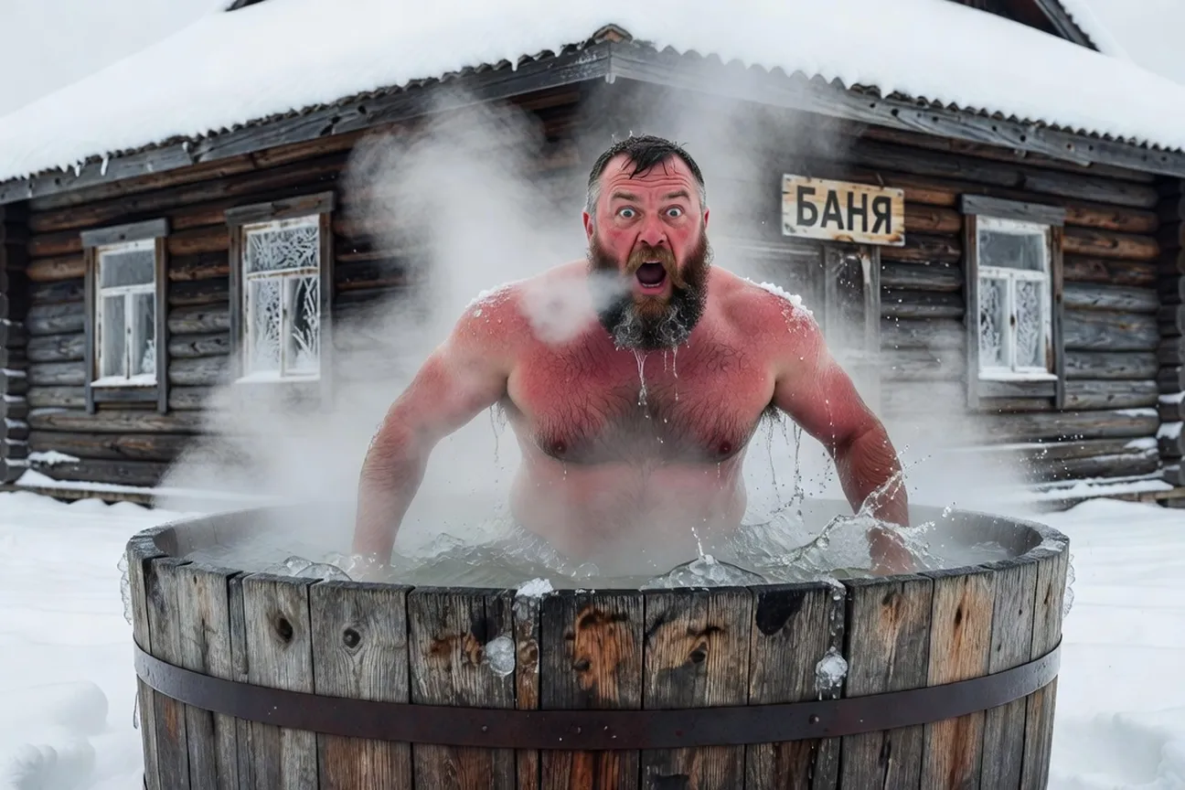 Homme plongeant dans un tonneau d'eau froide après le banya, vapeur, datcha russe