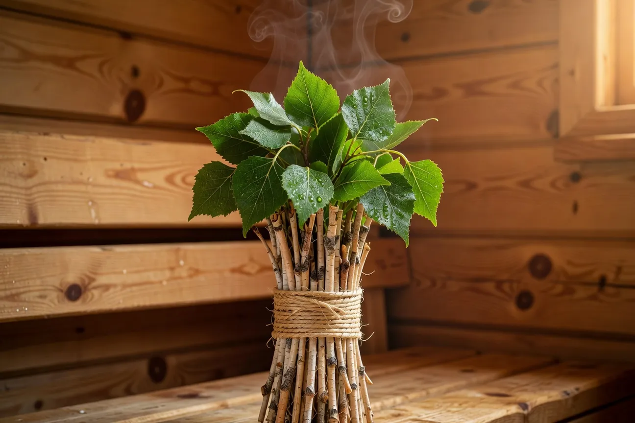 Venik de bouleau frais avec feuilles vertes, vapeur légère, fond bois de pin