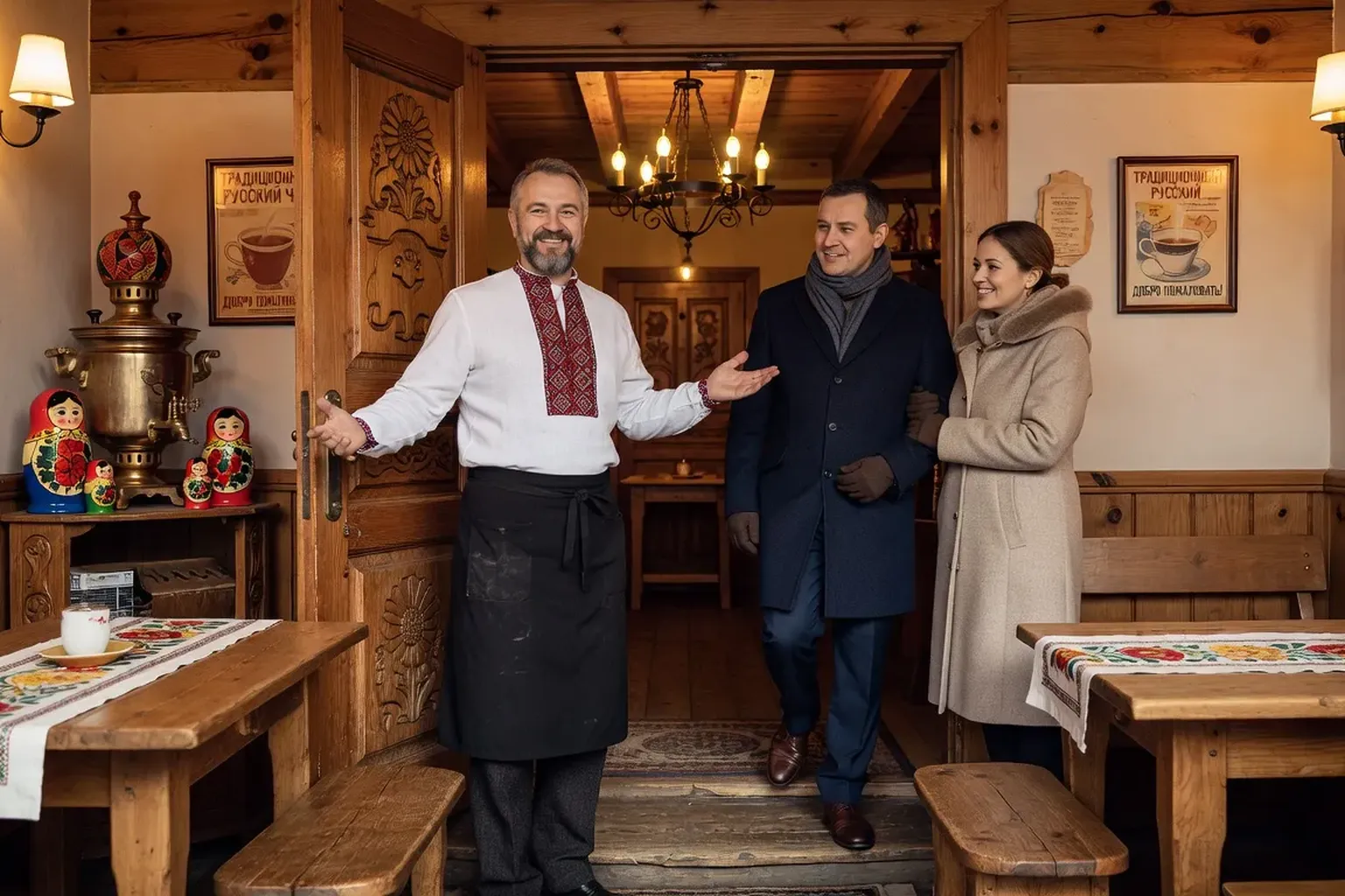 Serveur russe qui salue des clients a l entree d un cafe moscovite