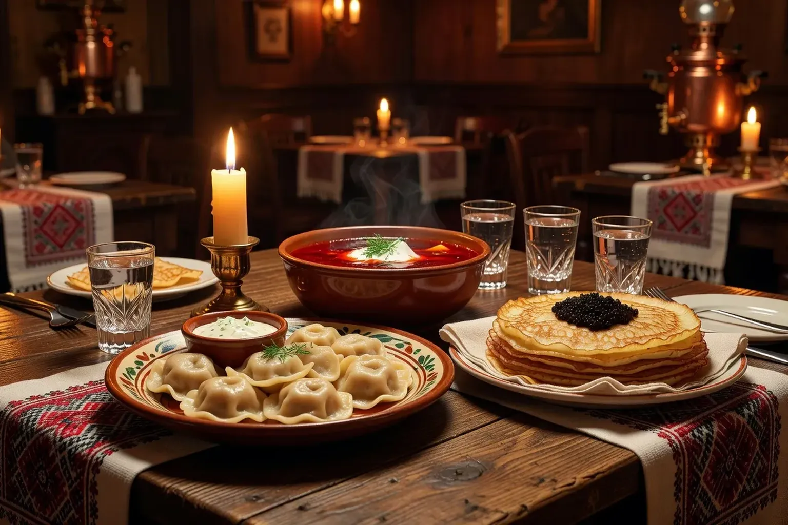 Table de restaurant russe traditionnel avec plats typiques, ambiance conviviale
