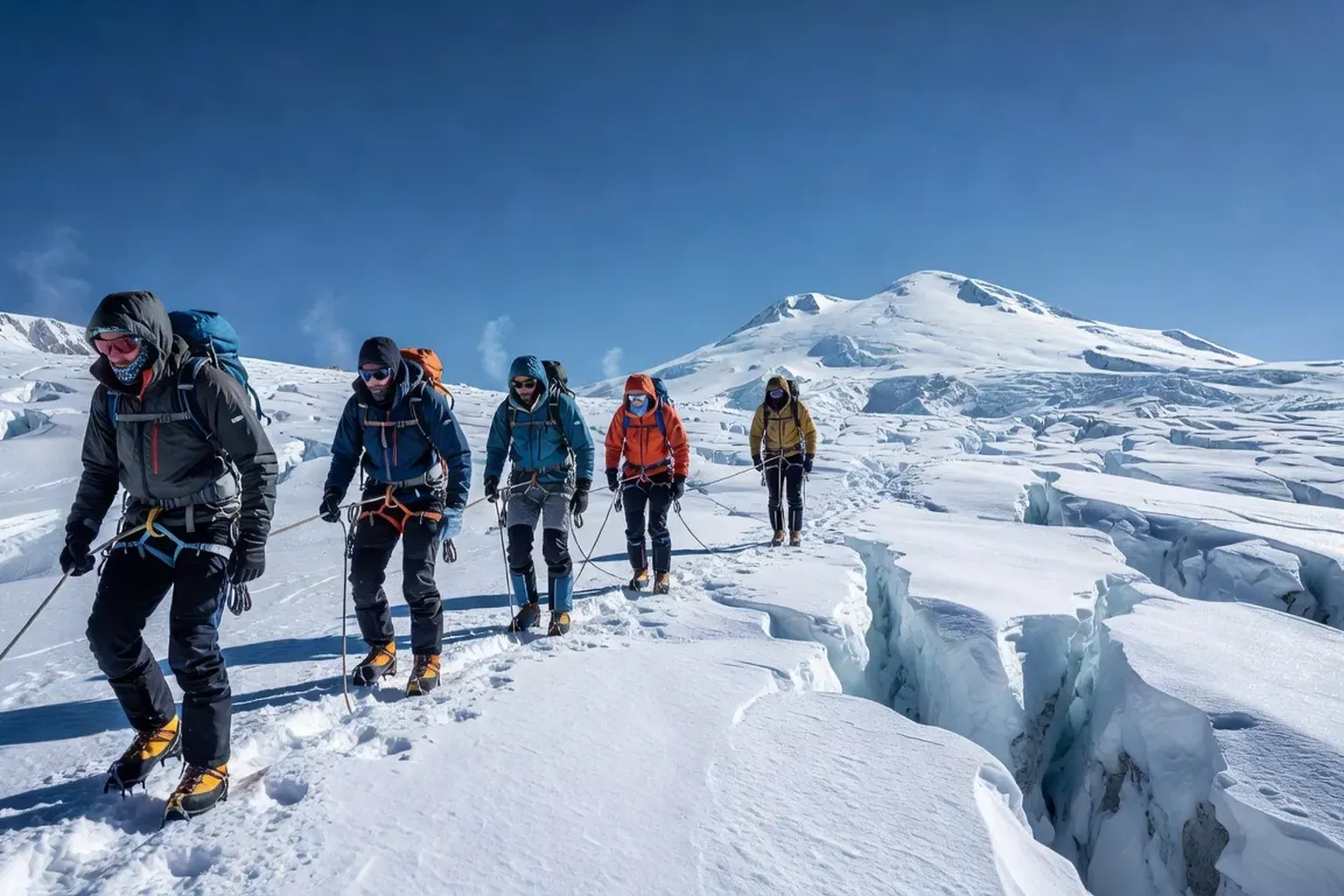Alpinistes montant vers le sommet de l Elbrouz, glacier et ciel bleu