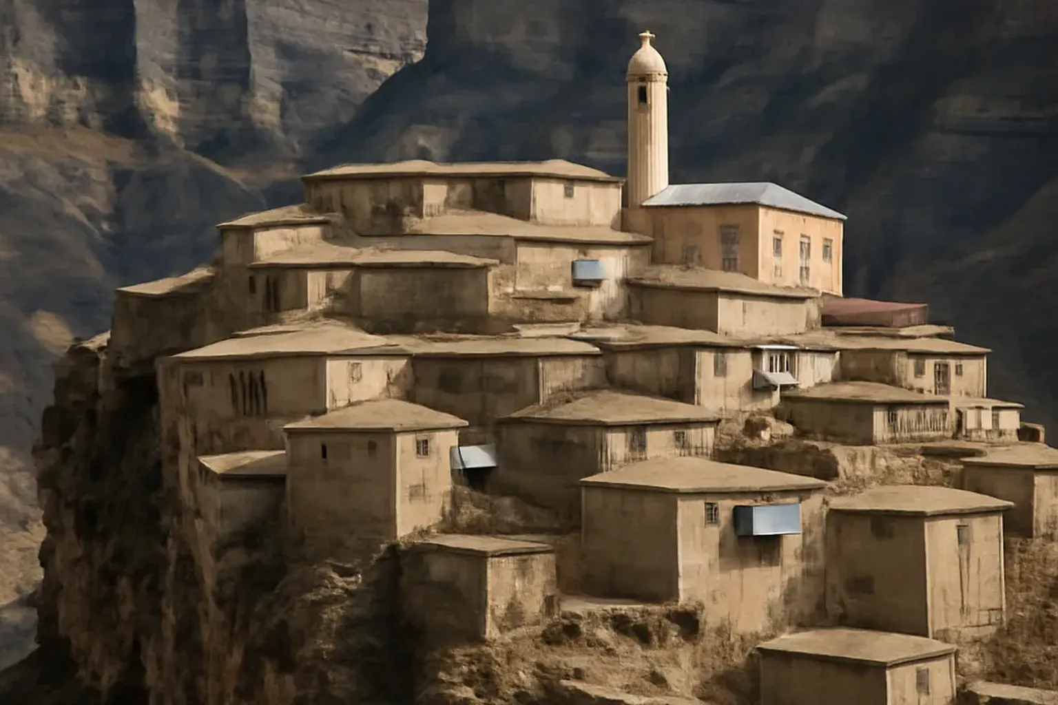 Village traditionnel du Daghestan perche sur un eperon rocheux