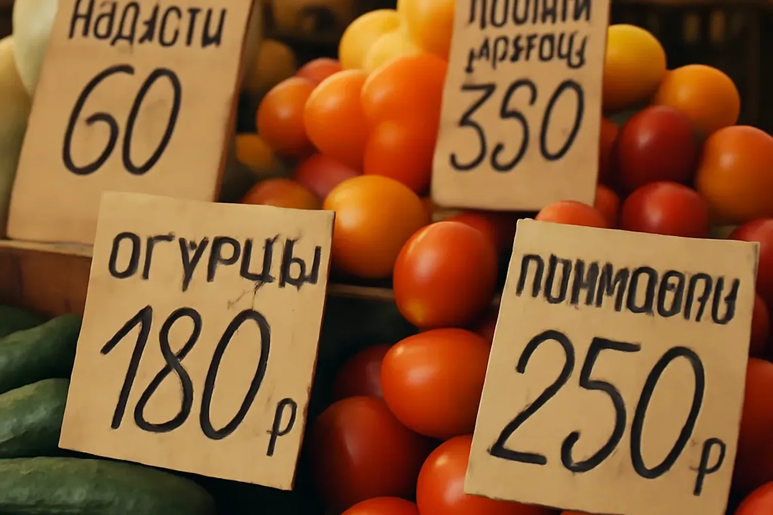 Affichage de prix en roubles sur un marche russe, chiffres cyrilliques
