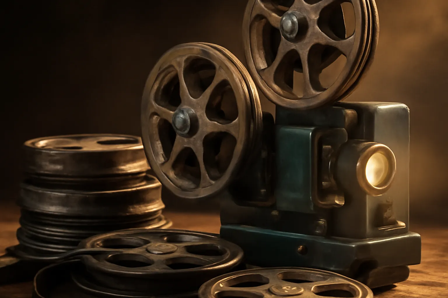 Projecteur de cinéma vintage soviétique et bobines de pellicule 35mm dans une salle d'archives