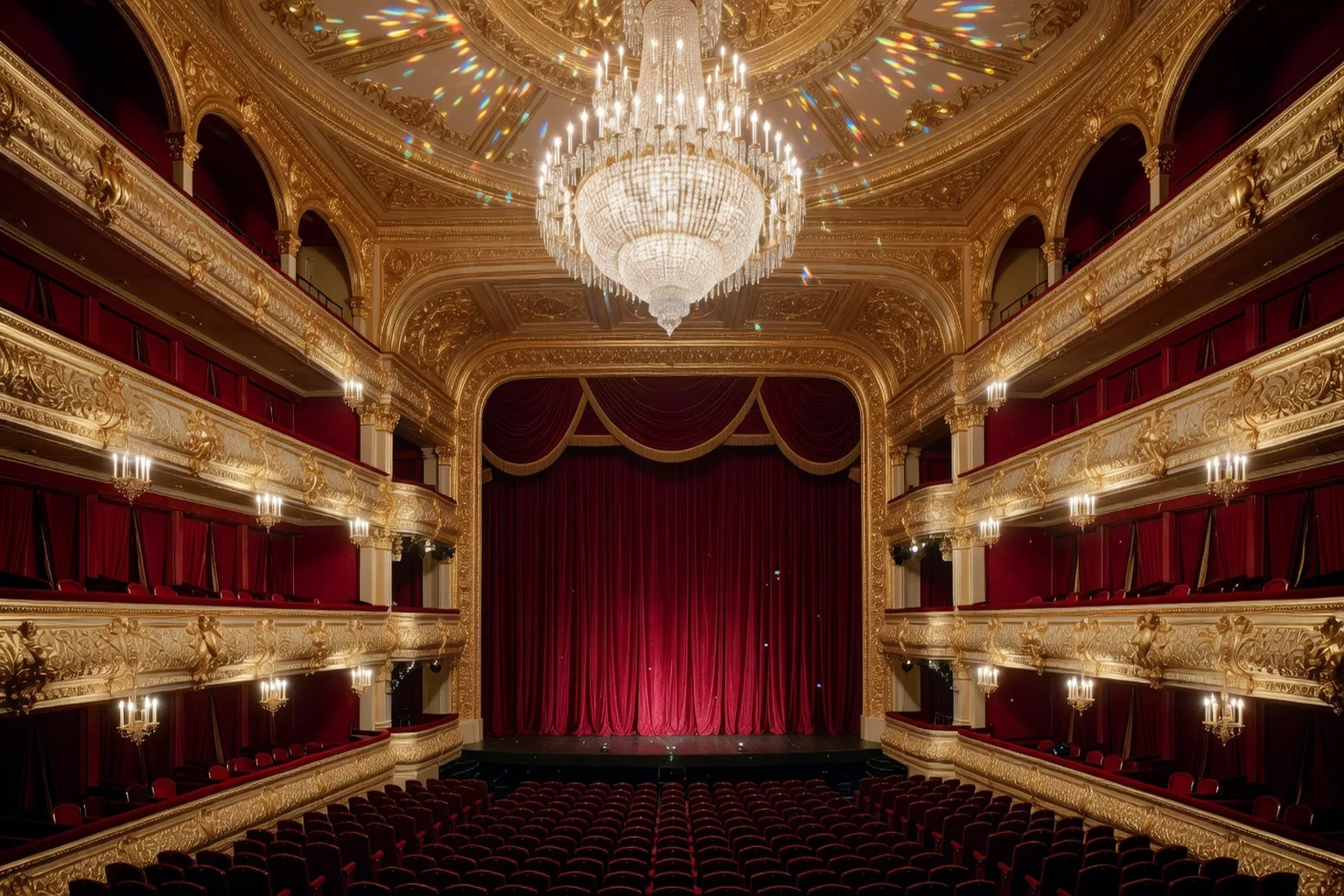 Salle du theatre Bolchoi a Moscou avec ses dorures et son lustre central