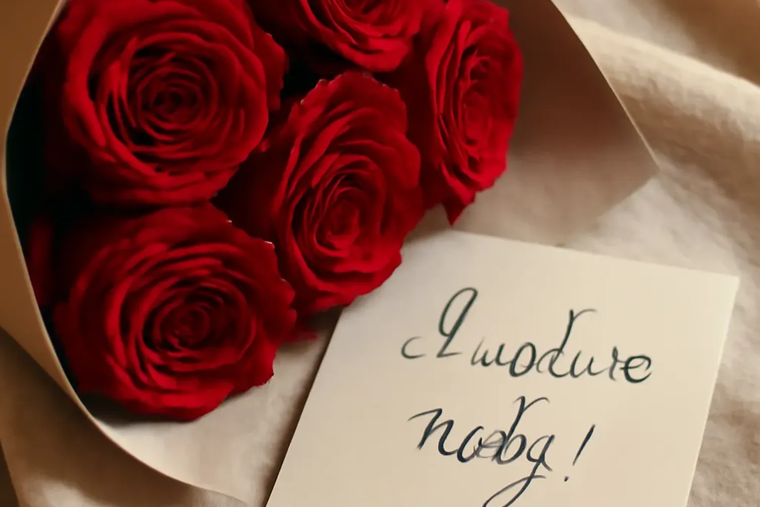 Bouquet de roses rouges et carte avec я тебя люблю ecrit en cyrillique