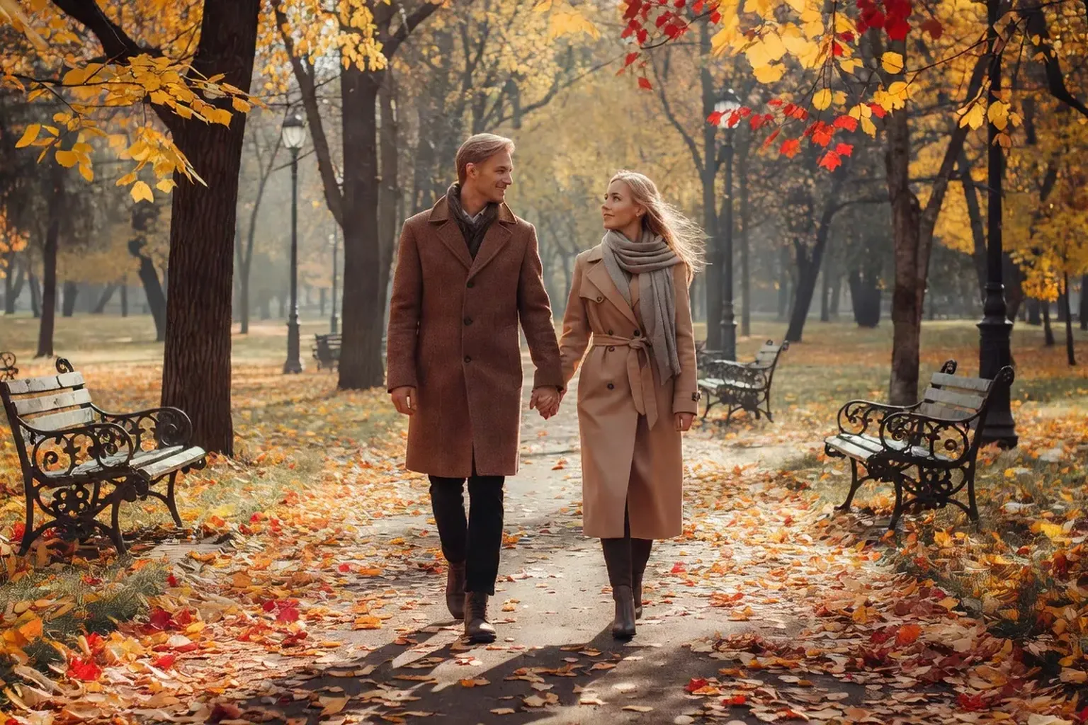 Couple qui se promene dans un parc russe en automne, ambiance romantique