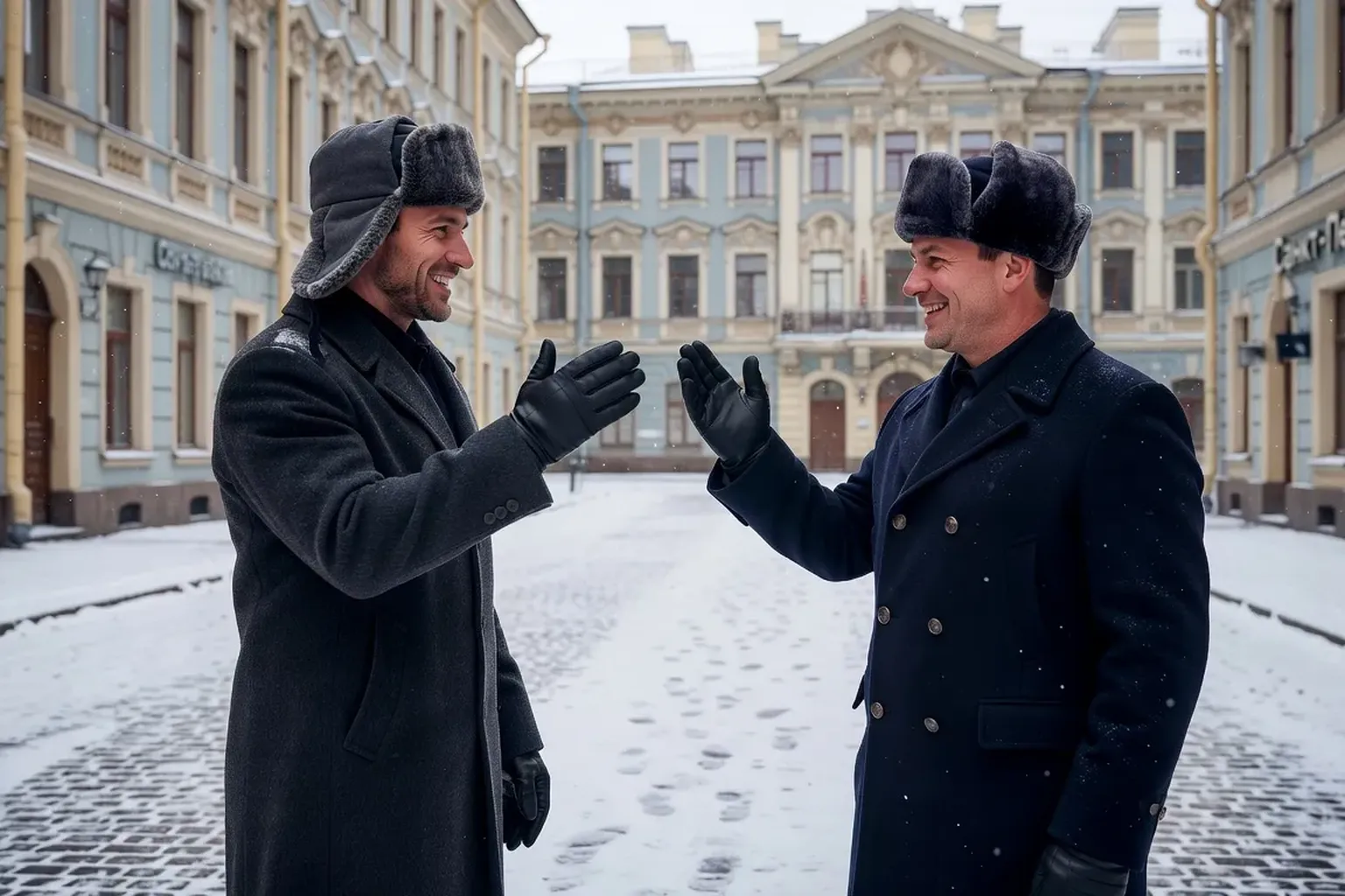 Deux personnes qui se saluent et se repondent karacho dans une rue russe
