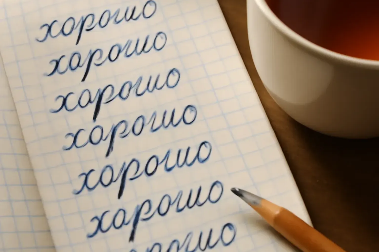 Mot хорошо ecrit a la main en cyrillique sur un carnet d etudiant