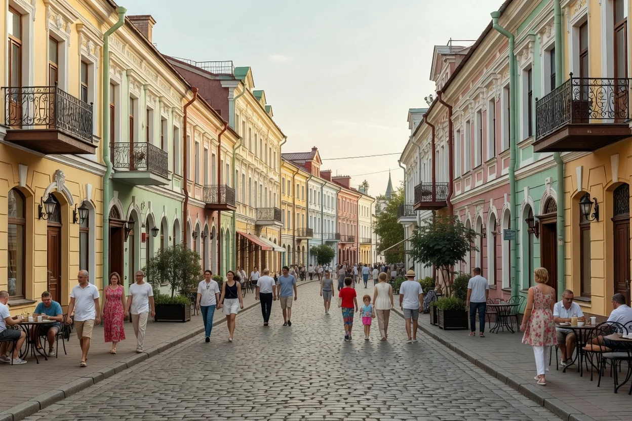 La rue piétonne Bauman à Kazan, bordée d'immeubles historiques colorés et de terrasses de cafés