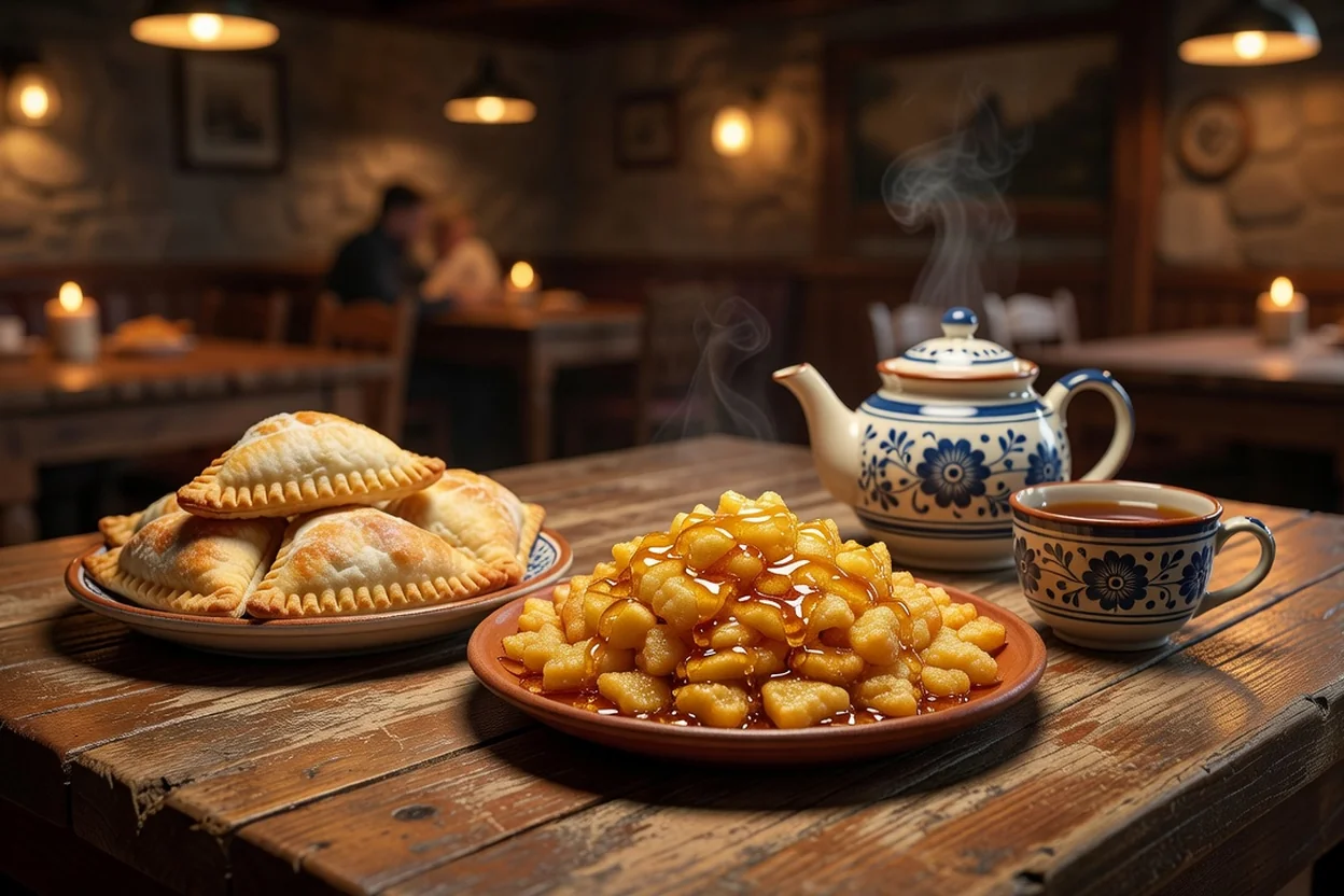 Cuisine tatare traditionnelle : chaussons etchpochmak et chak-chak au miel sur une table en bois, avec théière et thé