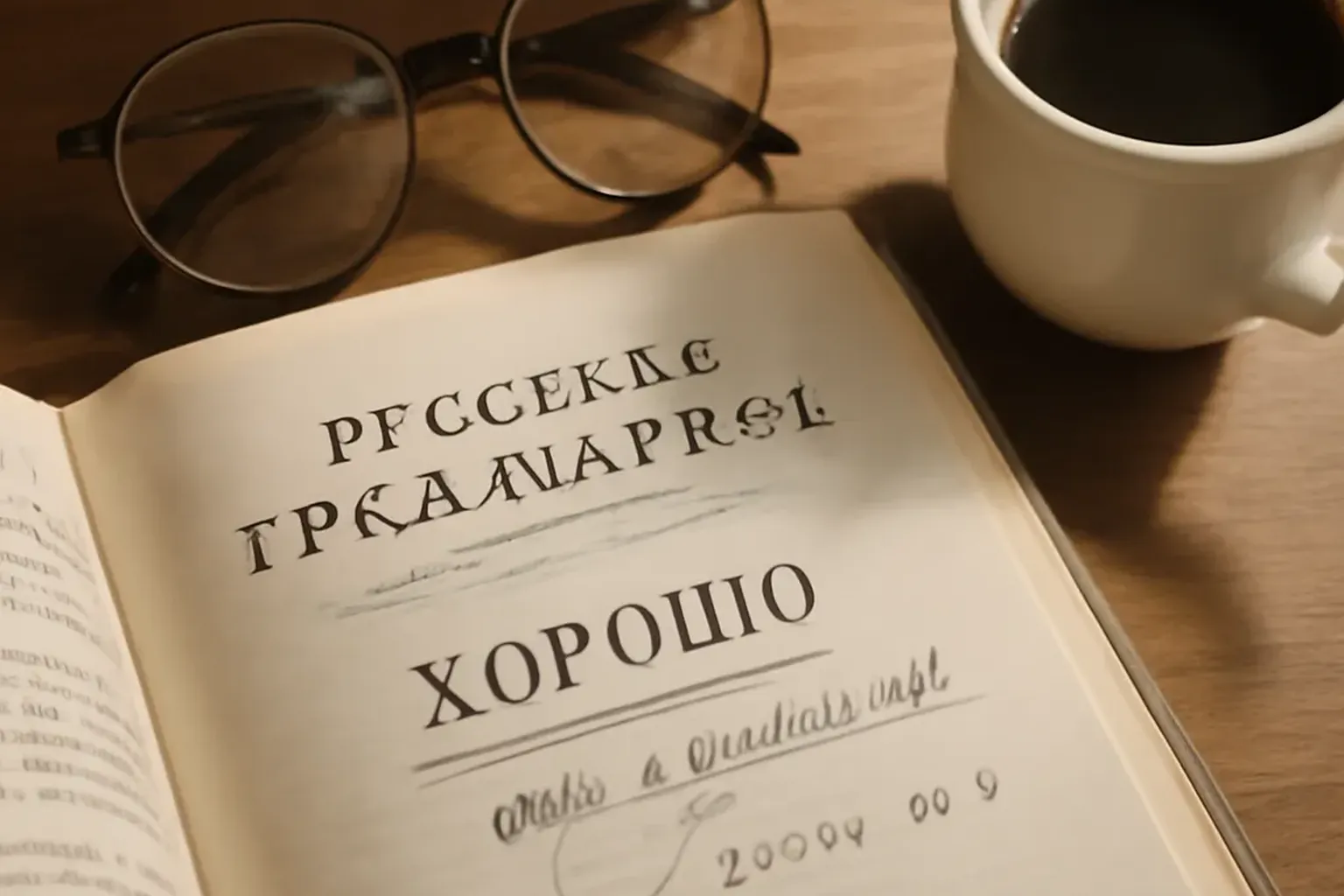 Livre russe ouvert avec le mot хорошо souligne au crayon