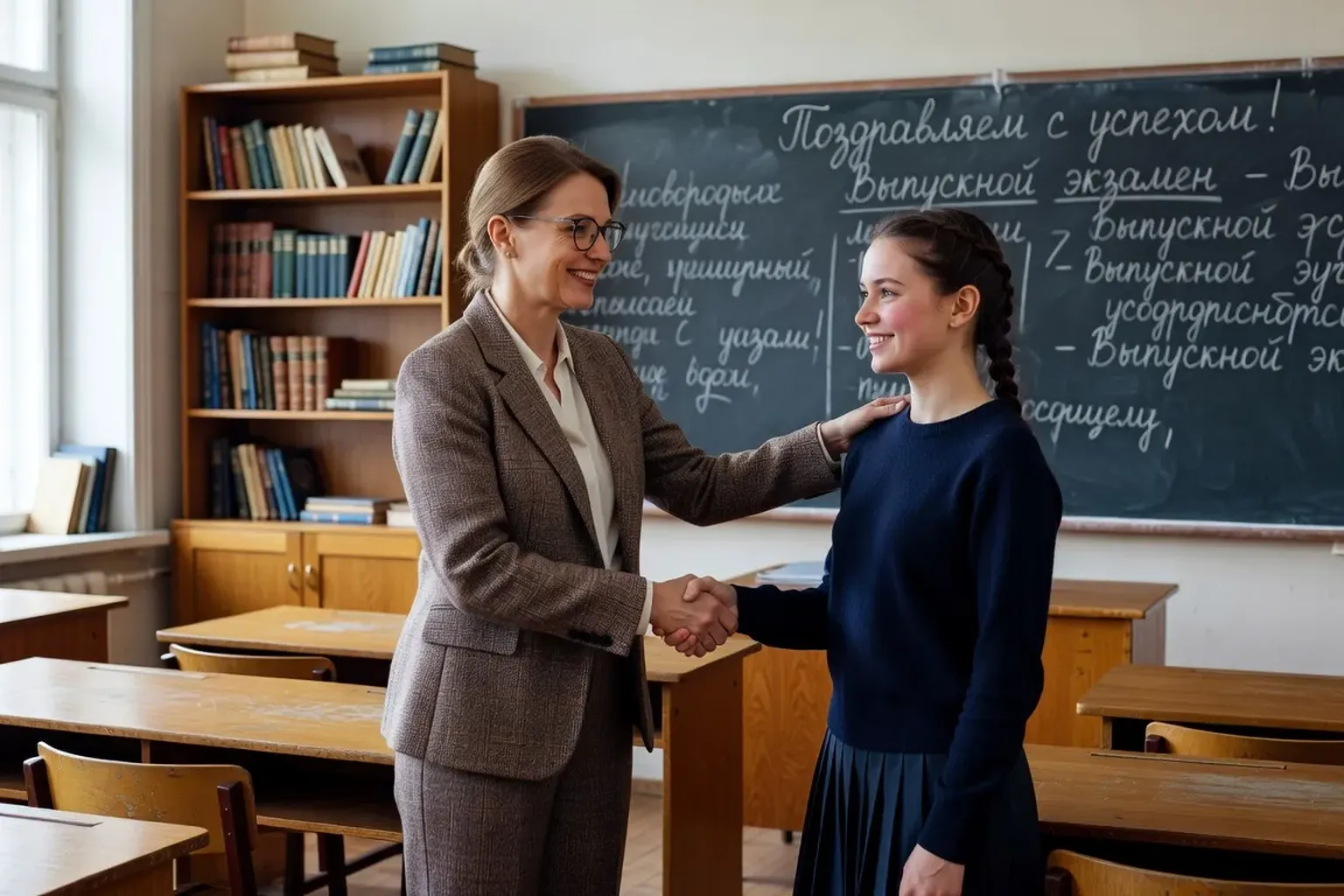 Professeur de russe qui felicite un eleve dans une salle de classe