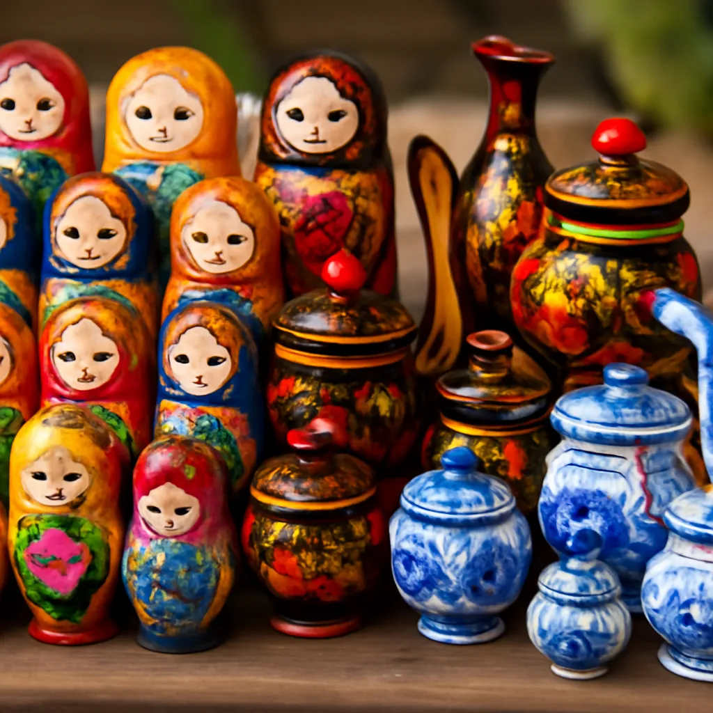 Étal de marché avec matriochkas peintes à la main et céramiques Khokhloma et Gzhel à Izmaïlovo