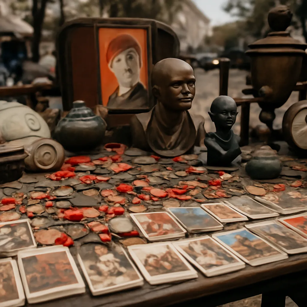Stand de brocante avec objets soviétiques anciens au marché aux puces d'Izmaïlovo