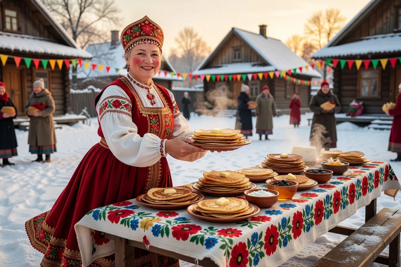 Célébration de Maslenitsa avec effigie et blinis russes