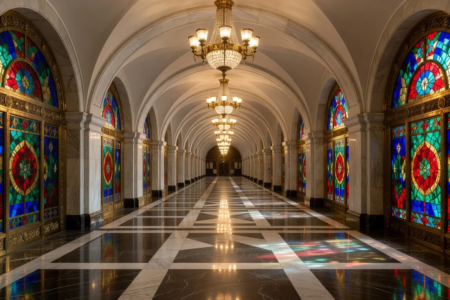 Vitraux colorés illuminés dans une station du métro de Moscou, ambiance de cathédrale souterraine