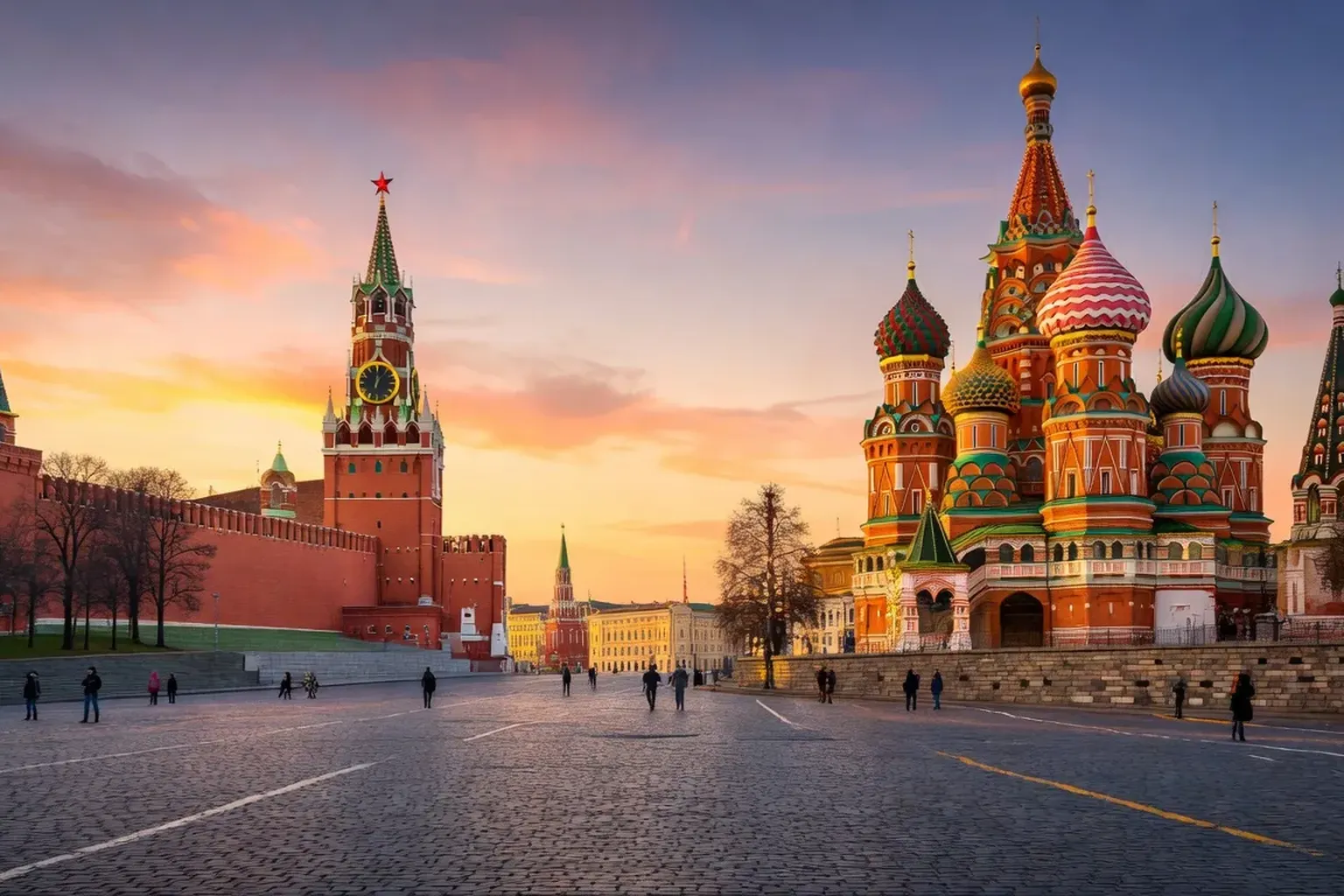Place Rouge de Moscou avec Kremlin et cathedrale Saint-Basile au coucher du soleil