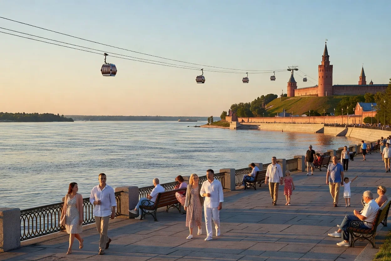 Promenade au bord de la Volga sous le téléphérique de Nijni Novgorod