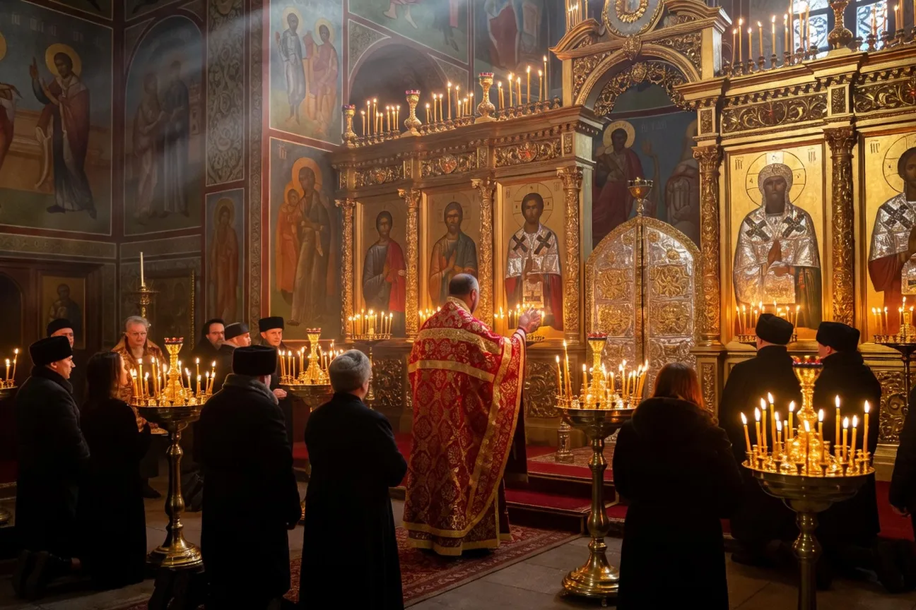 Messe de Noël orthodoxe russe dans une église illuminée de cierges
