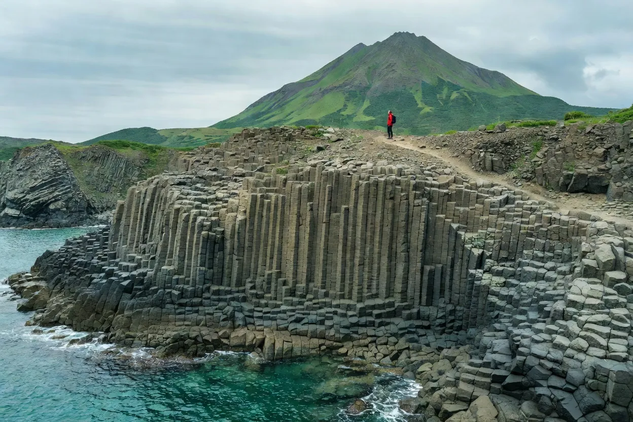 Cap Stolbchaty sur Kounachir : colonnes basaltiques hexagonales dominant la mer d’Okhotsk, avec un randonneur au premier plan
