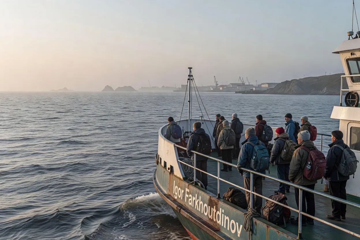Ferry Igor Farkhoutdinov amarré à Korsakov, prêt à appareiller vers les îles Kouriles, avec passagers sur le pont