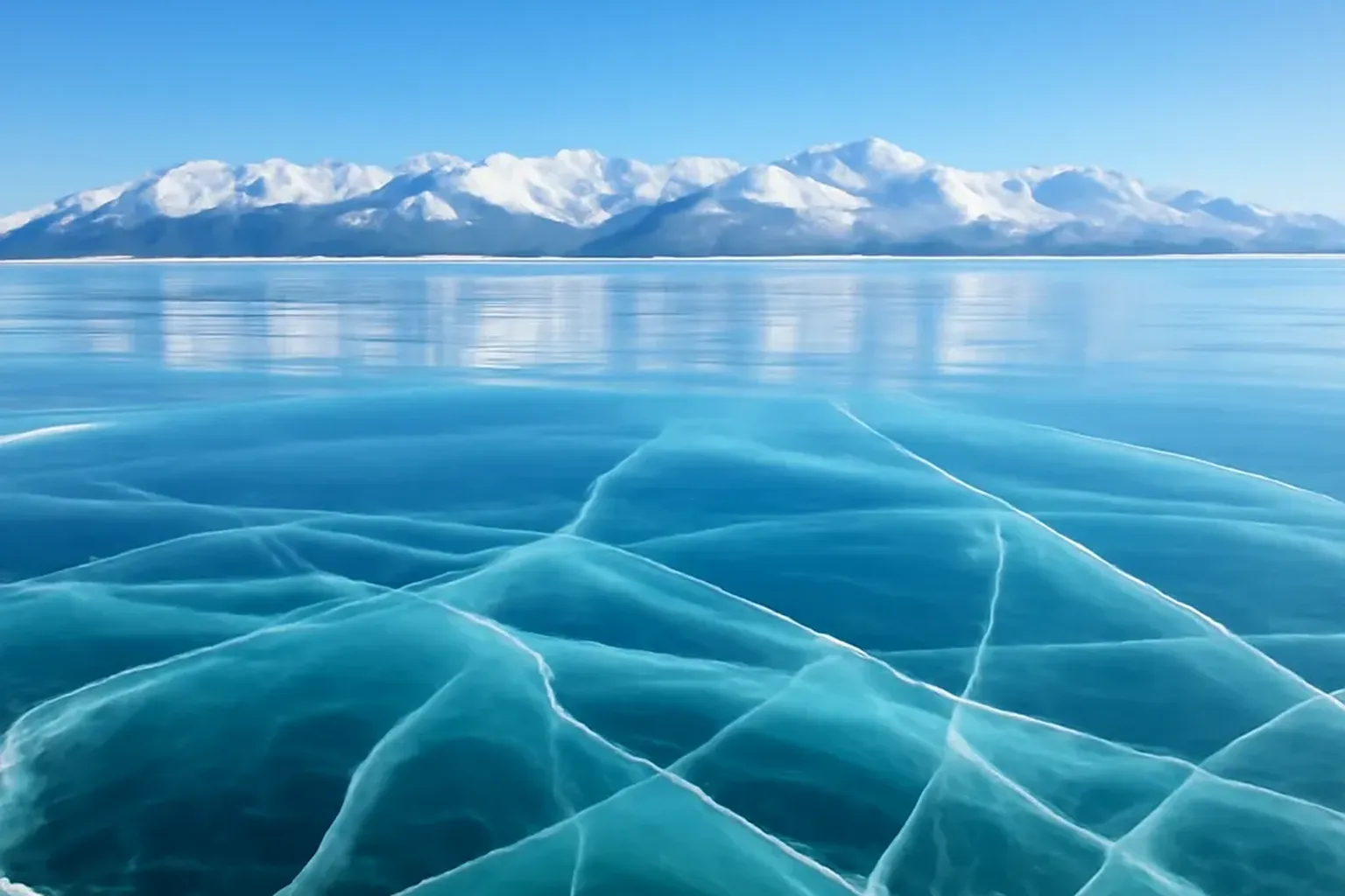 Lac Baikal en hiver, glace turquoise et montagnes au loin