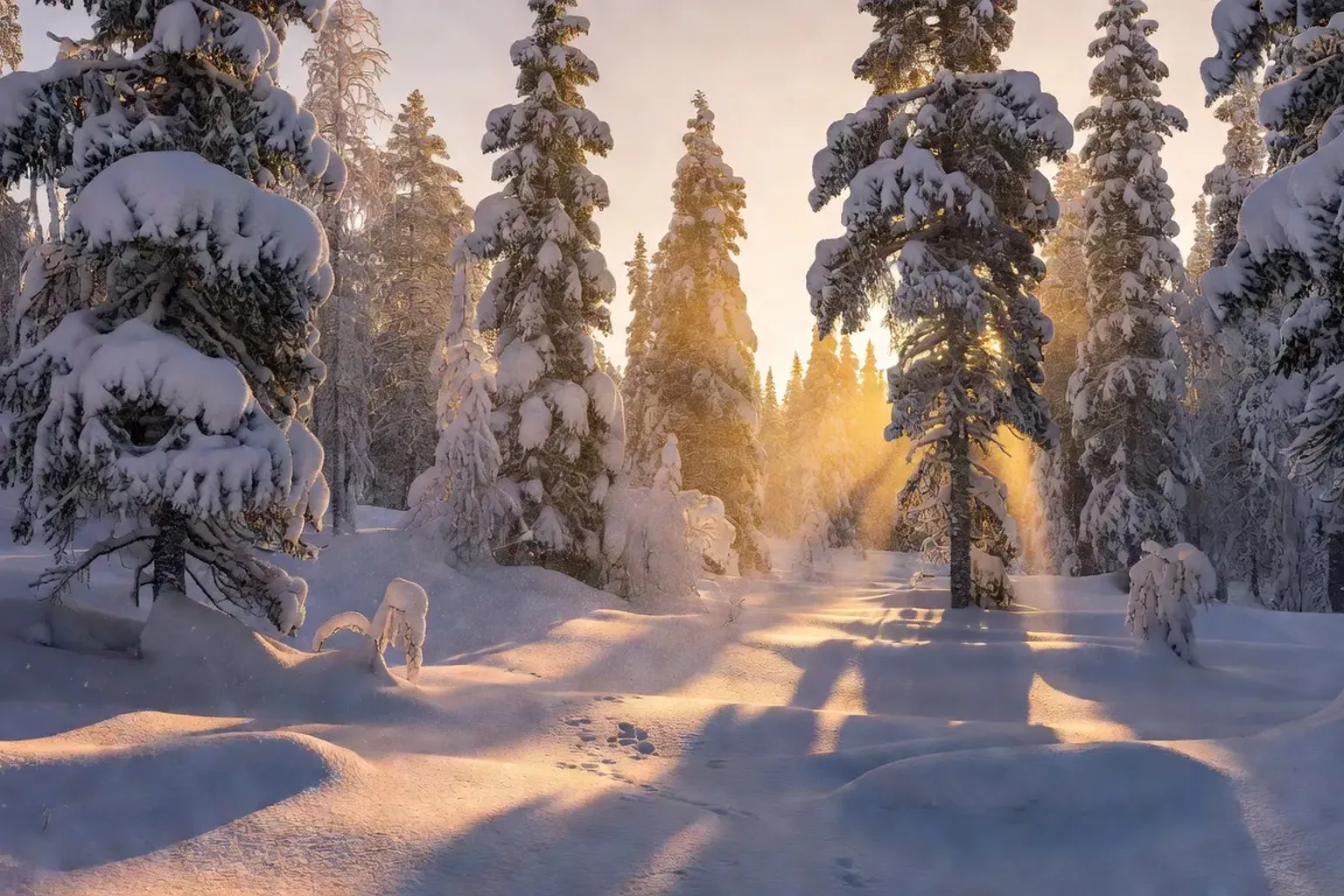 Taiga siberienne en hiver, sapins enneiges et soleil rasant