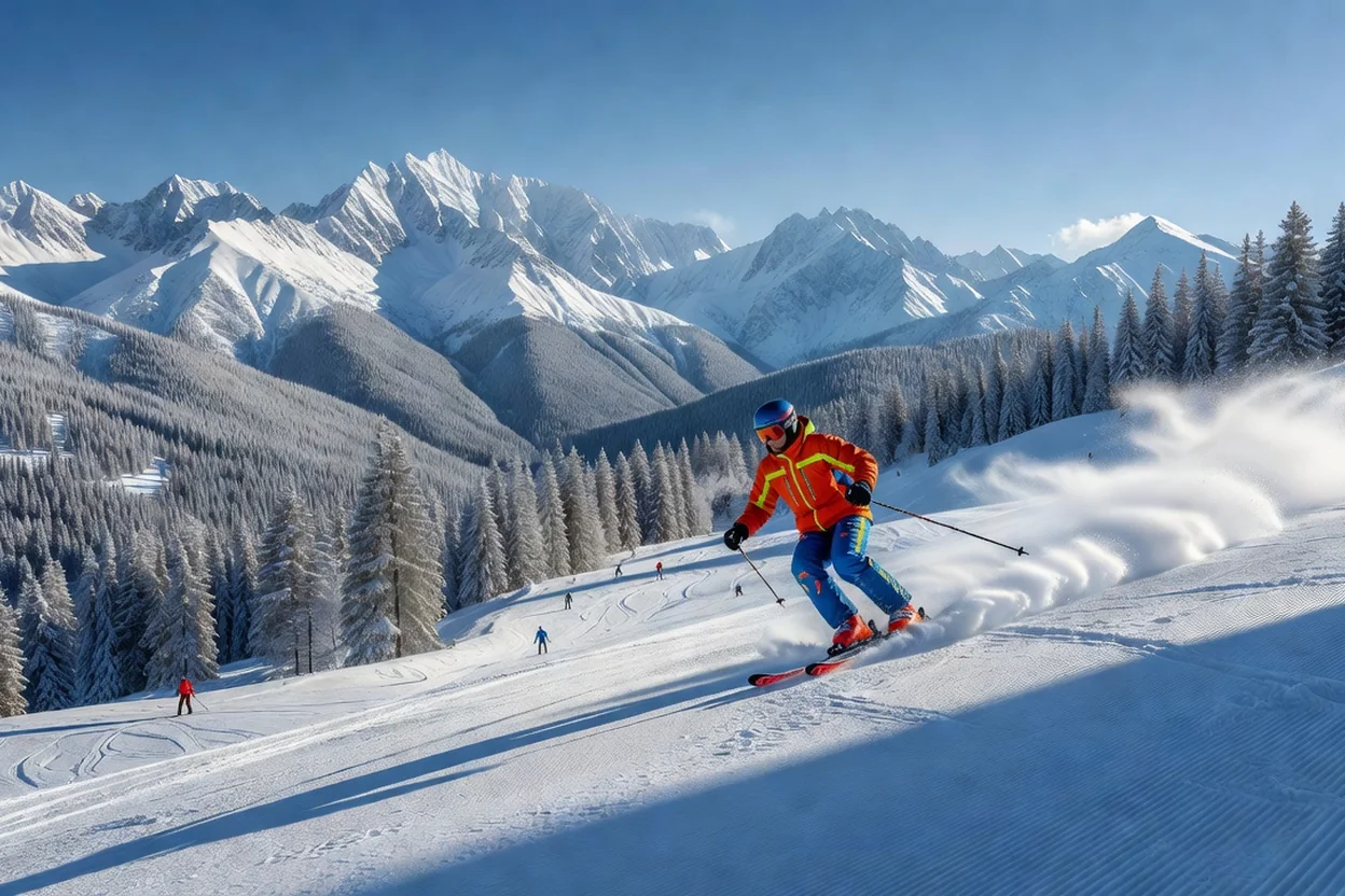 Skieur en tenue colorée descendant une piste damée de Krasnaïa Poliana, dans le massif du Caucase enneigé