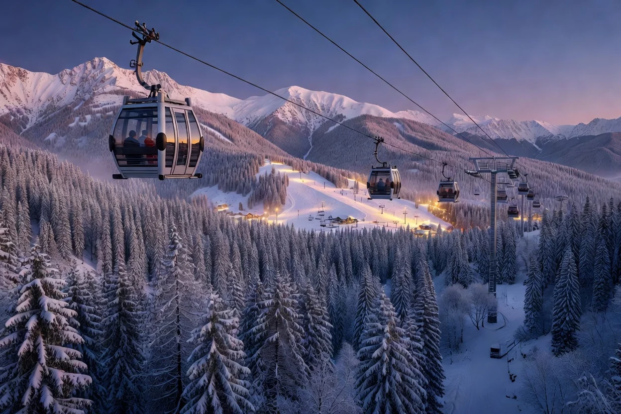 Télécabines traversant une forêt enneigée au-dessus de la station de Krasnaïa Poliana, au crépuscule