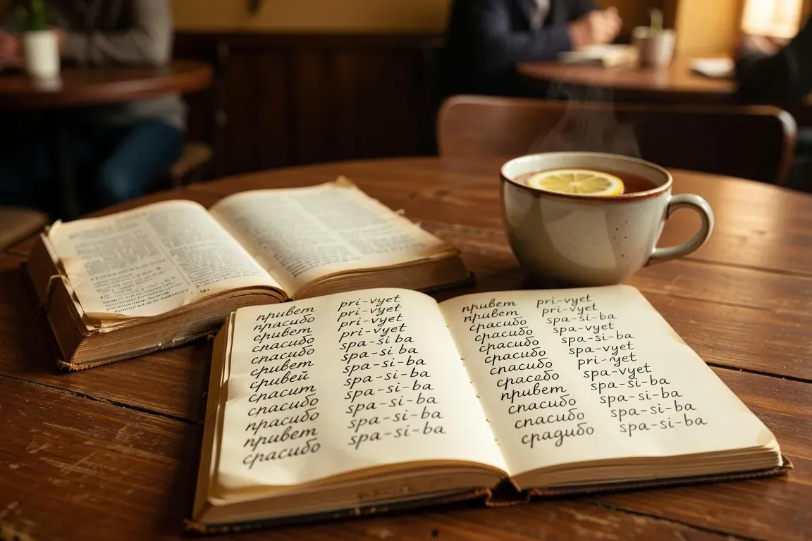 Carnet de vocabulaire russe ouvert avec lettres cyrilliques manuscrites, stylo et tasse de café