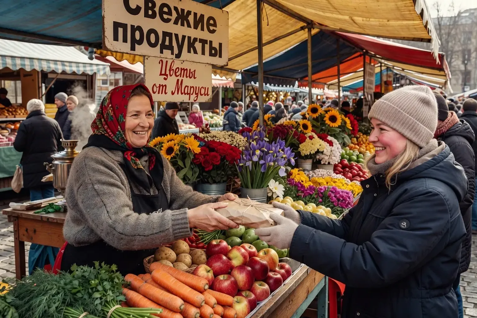 Echange de politesse entre client et vendeur sur un marche russe