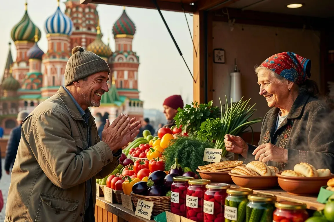 Touriste français parlant à un commerçant russe dans un marché de Moscou, apprentissage du vocabulaire russe