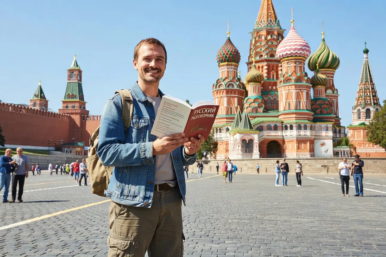 Touriste occidental sur la Place Rouge avec guide de conversation russe