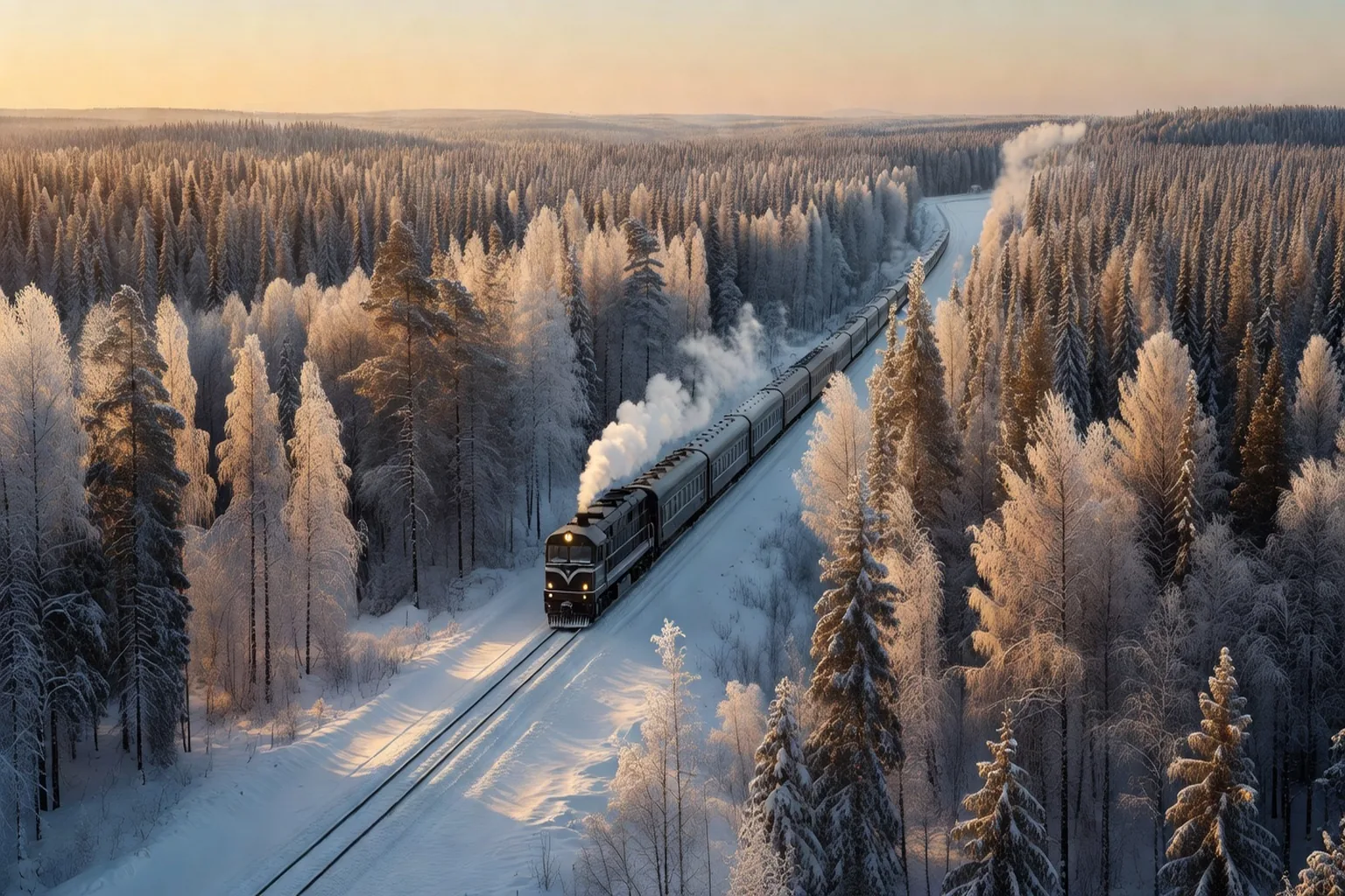 Le Transsiberien traversant la taiga sous la neige au lever du soleil