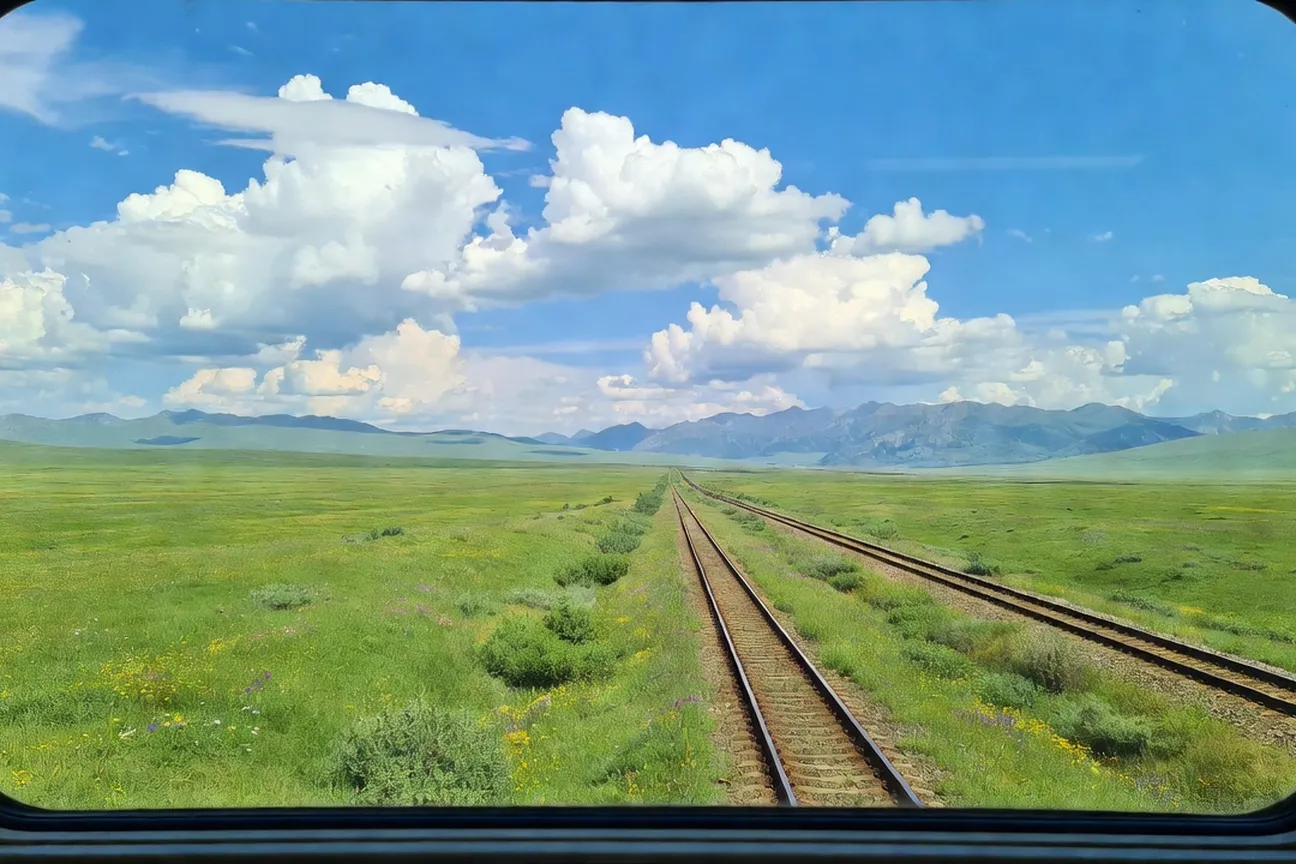 Vue depuis la fenêtre du Transsibérien en été, plaines sibériennes, ciel immense