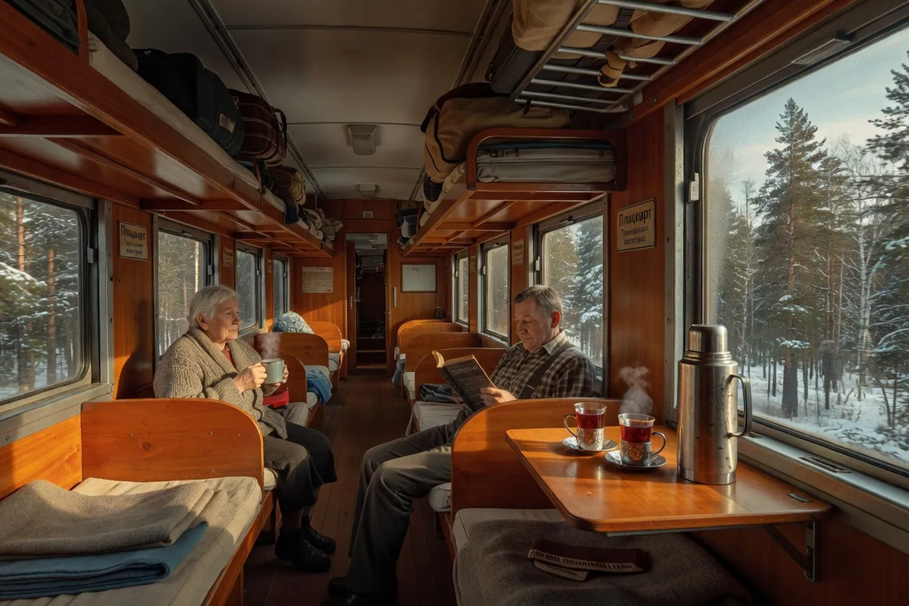 Intérieur d'un wagon platzkart du Transsibérien, couchettes en bois, passagers, thé