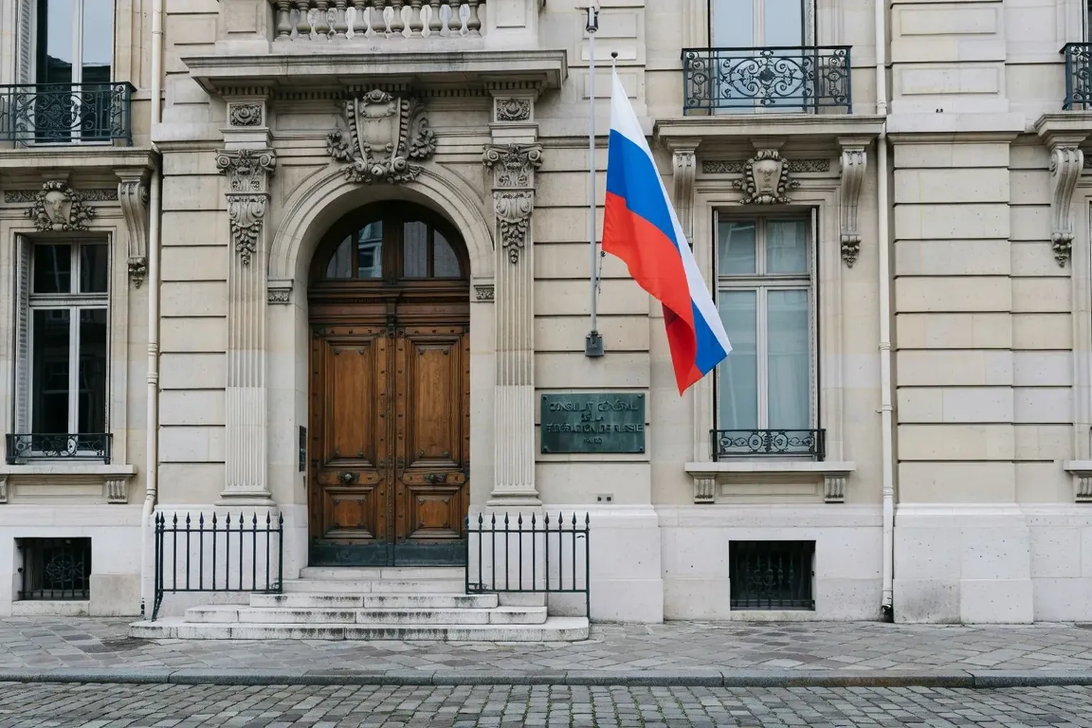 Entree du consulat russe a Paris avec drapeau russe et panneau officiel
